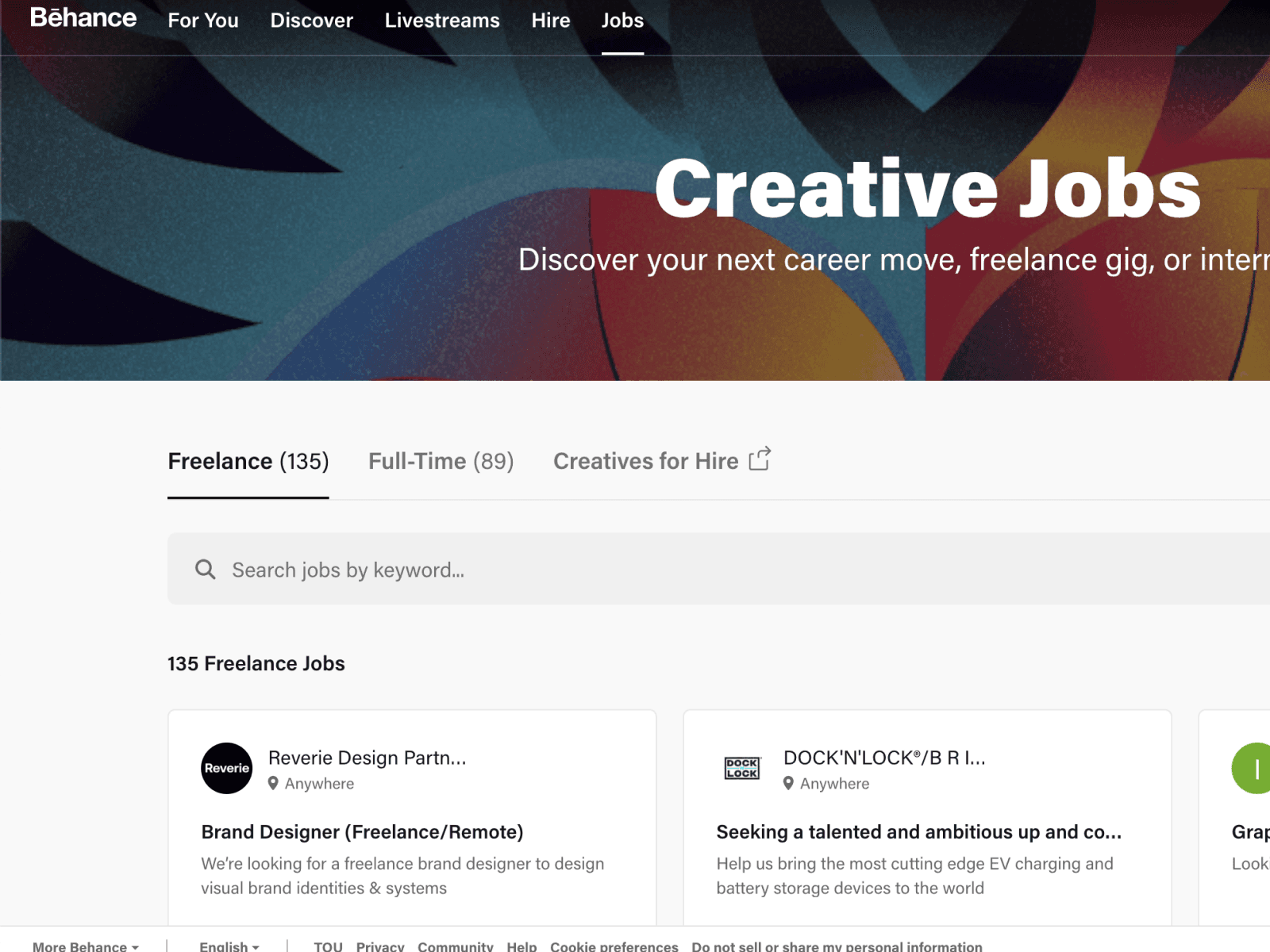 Screenshot of the Behance job board