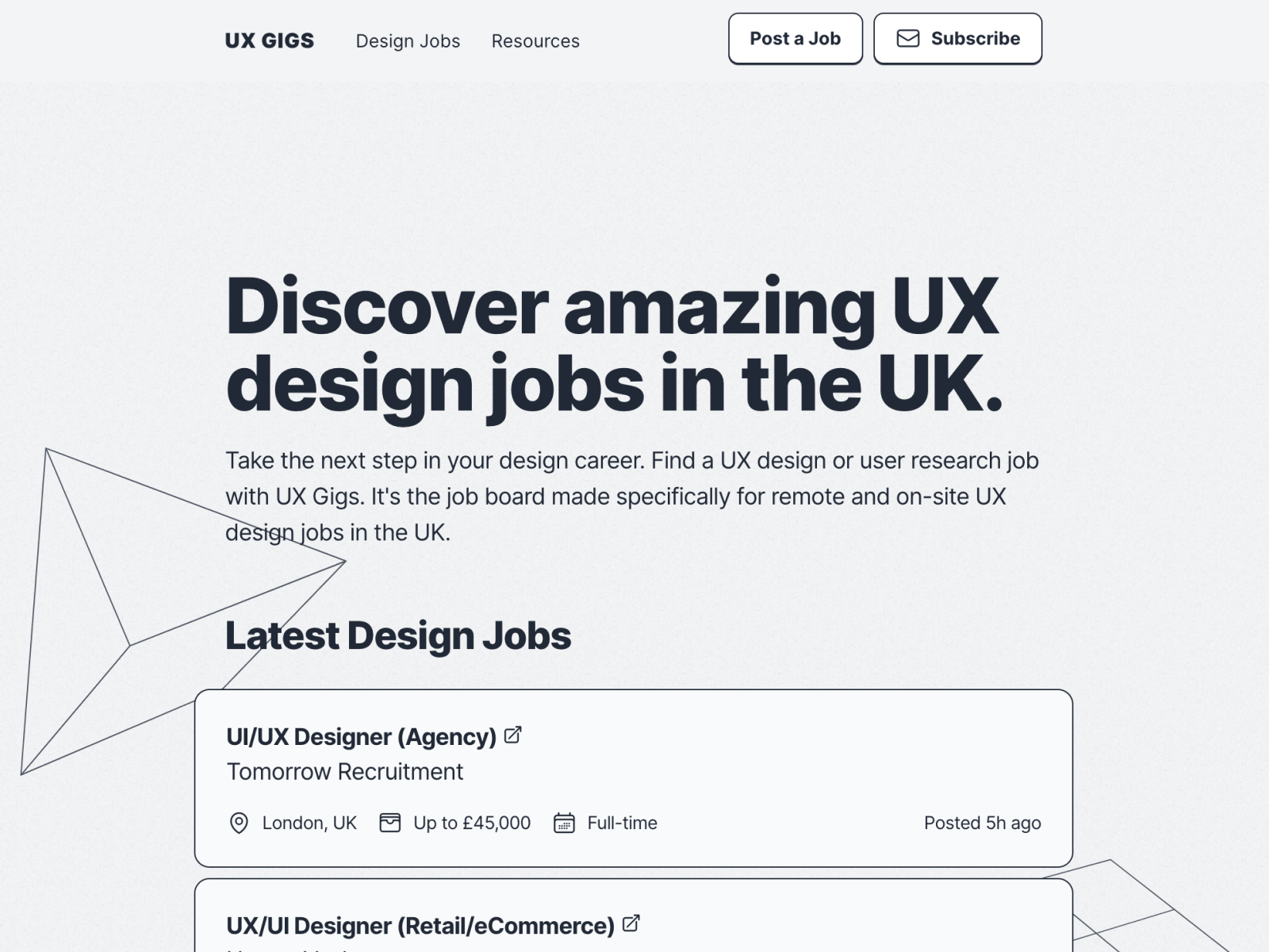 Screenshot of the UX Gigs design job board