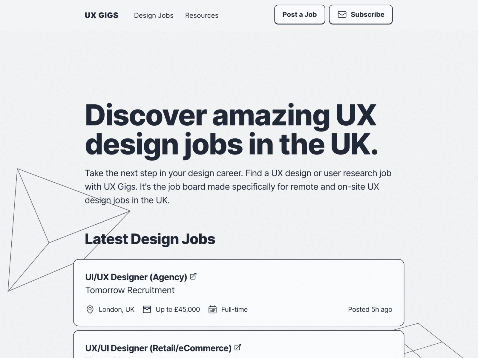 Screenshot of the UX Gigs design job board